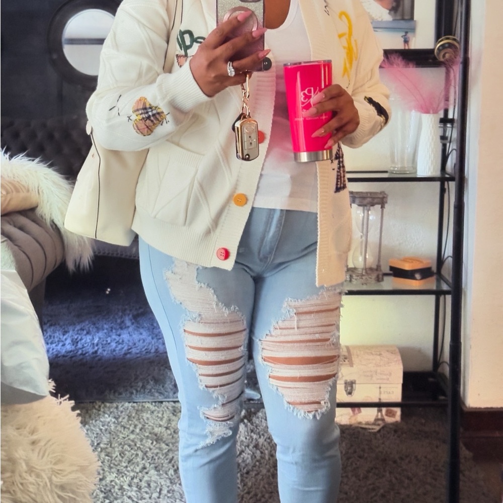 White Cardigan with Yellow and Blue Patches